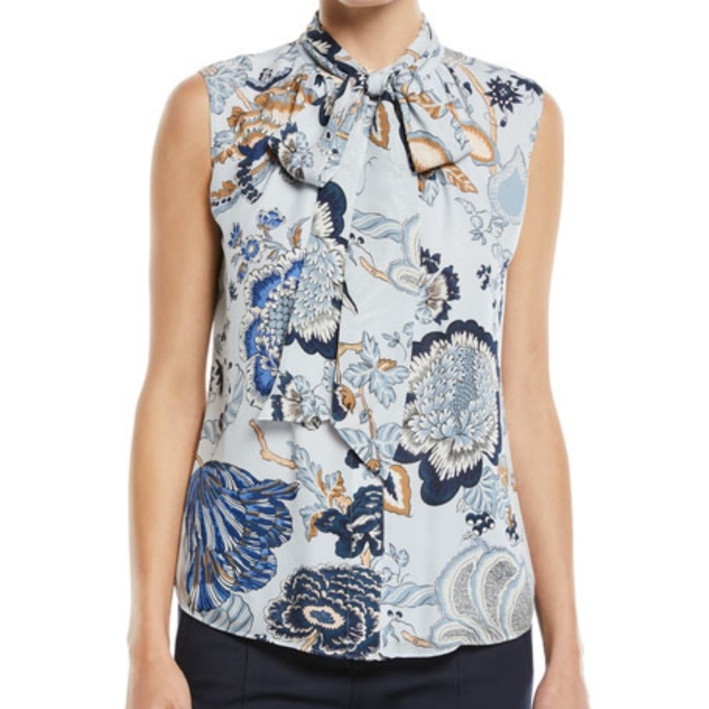 Tory Burch Tie Neck Floral Silk Blouse Size 00 Elegant Blue Lined Top Luxury